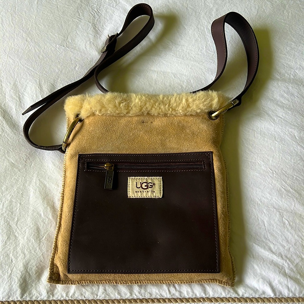 UGG shearling and leather messenger bag.
